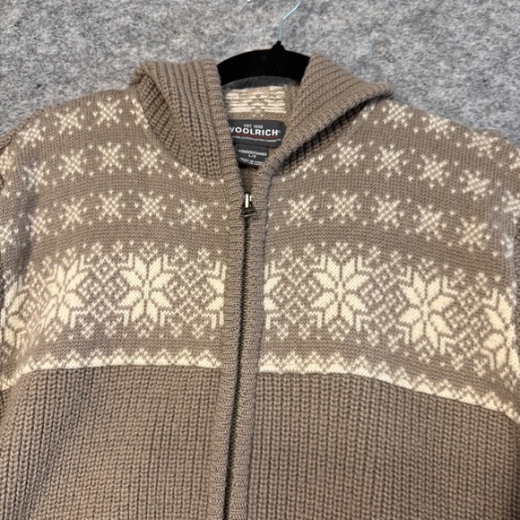 Woolrich Women’s Brown Fair Isle 100% Wool Zip Hoodie Sweater Jacket Size L - Picture 5 of 10